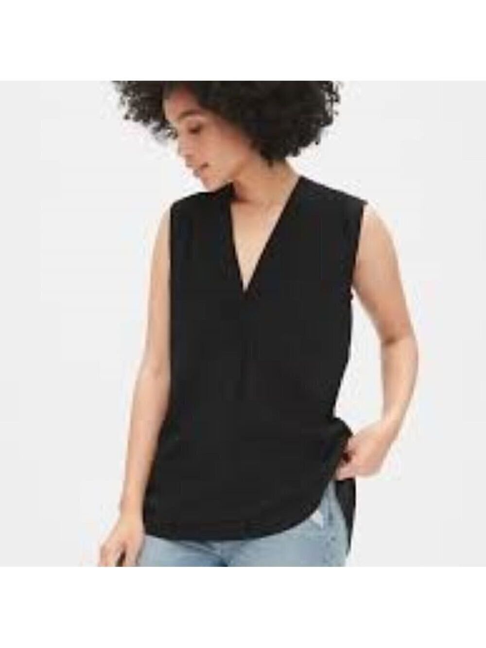 Witchery Black Sleeveless Blouse V-Neck Round Hem Pleated Tunic Tank Top 8 - Picture 2 of 11